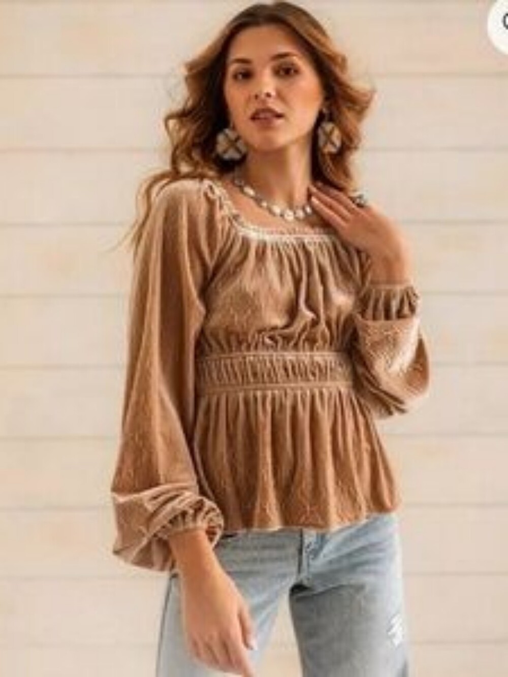 Sterling & Stitch Camel Textured Velvet Peplum Top ** Size Large